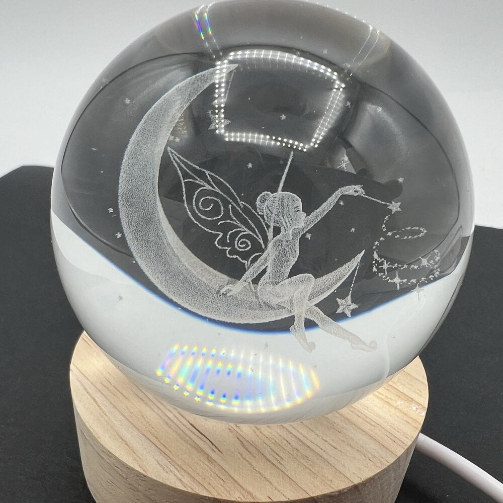 Lighted Tinkerbell Moon Fairy Glass Orb Ball Paperweight Night Light 2.5"